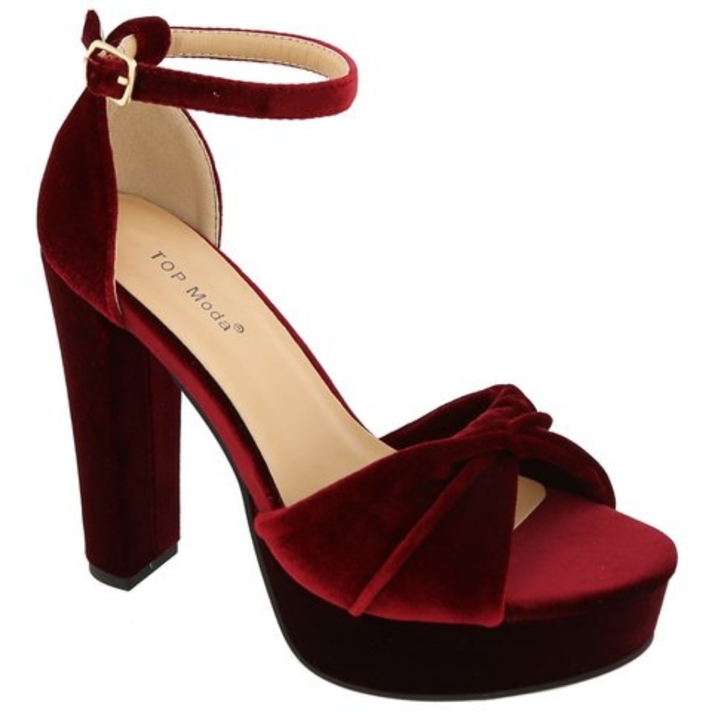 Top Moda Lovely Wine Velvet Bow Heels